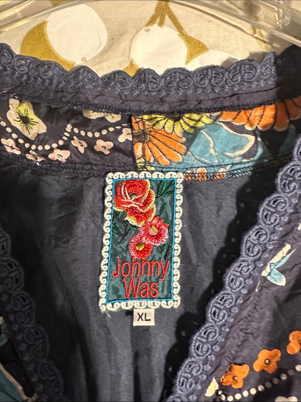 Johnny Was Navy Floral V-Neck Tunic, Gathered Waist w/Orange & Teal Accents, XL - Picture 3 of 4
